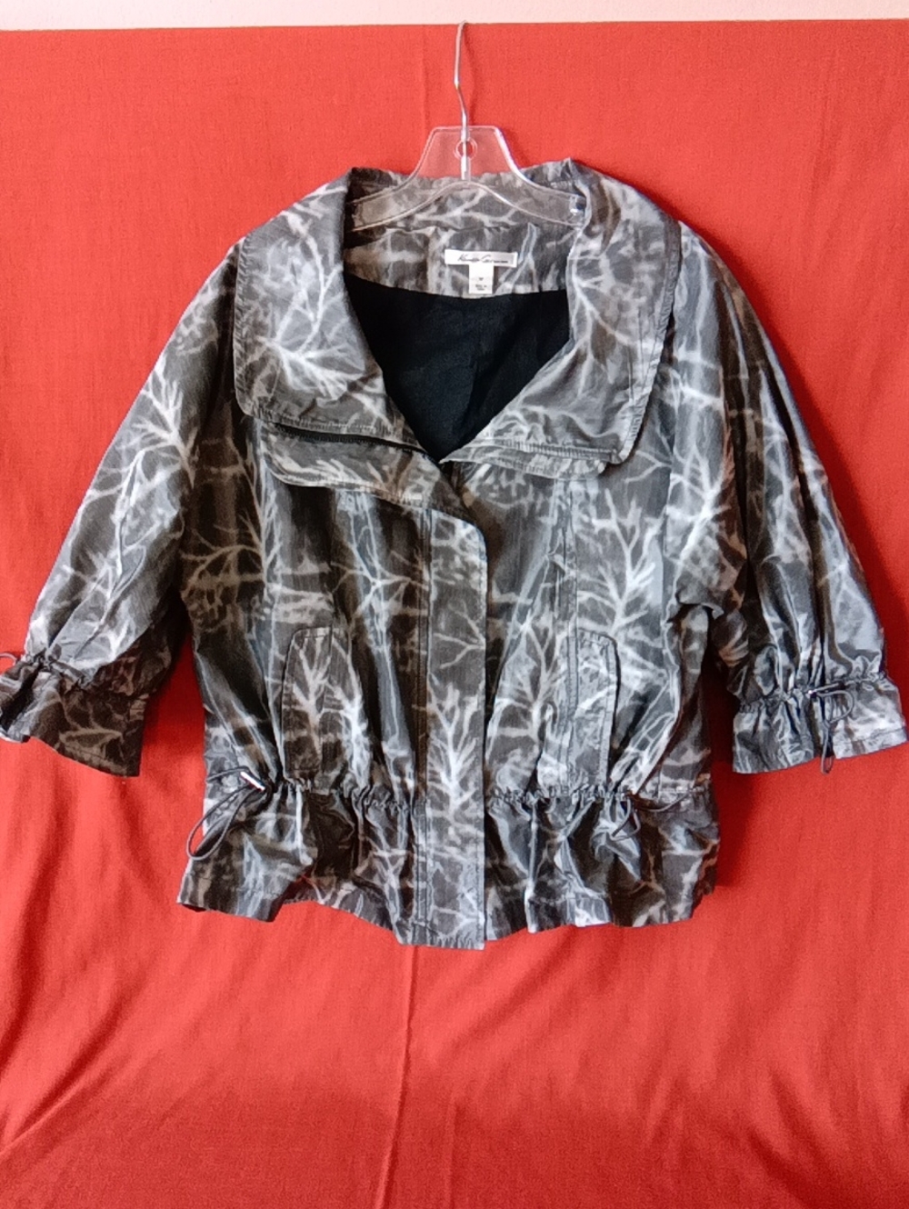 Kenneth Cole New York Gray Patterned Drawstring Utility Jacket